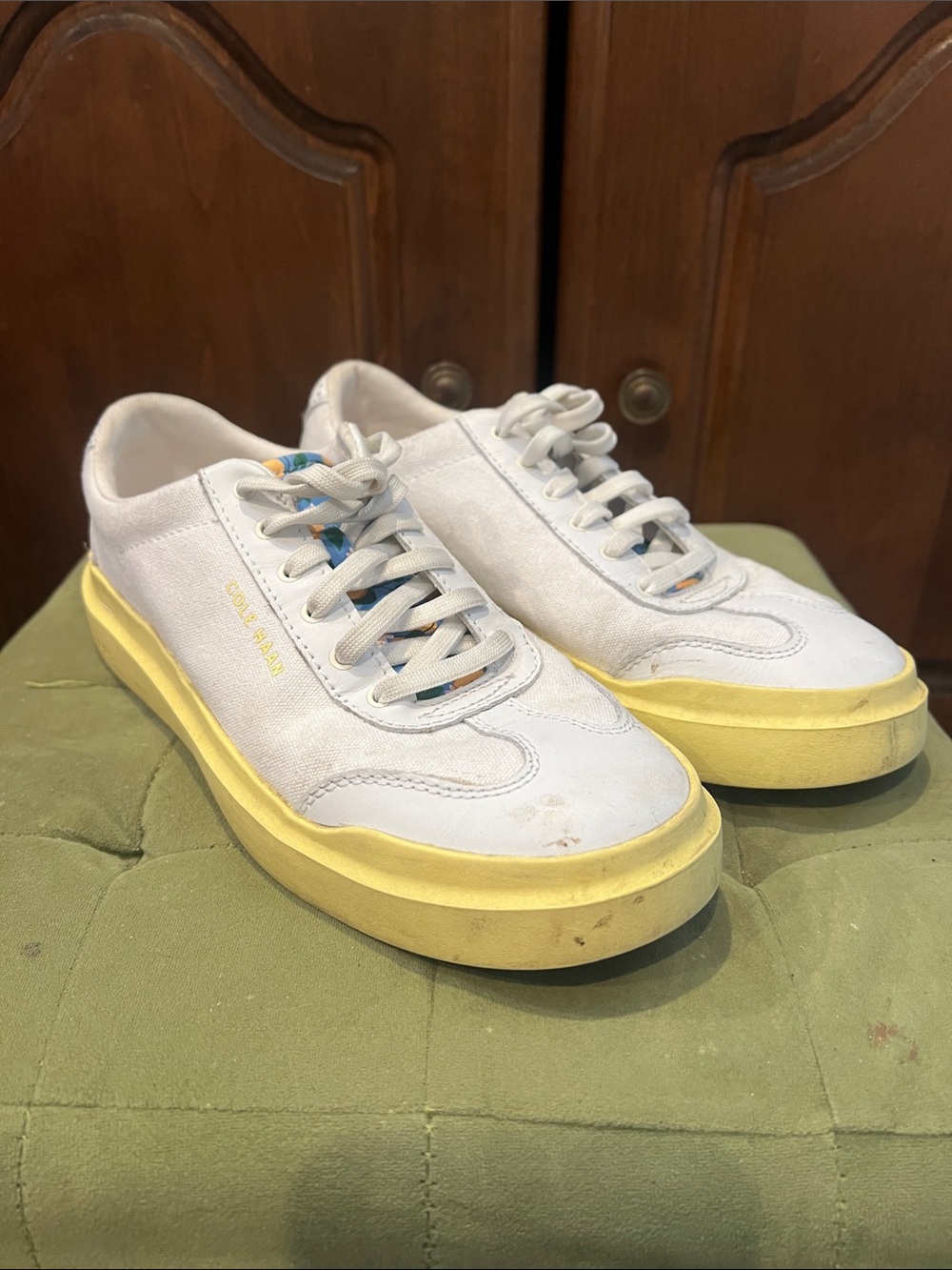 White Canvas Sneakers with Yellow Sole by Cole Haan